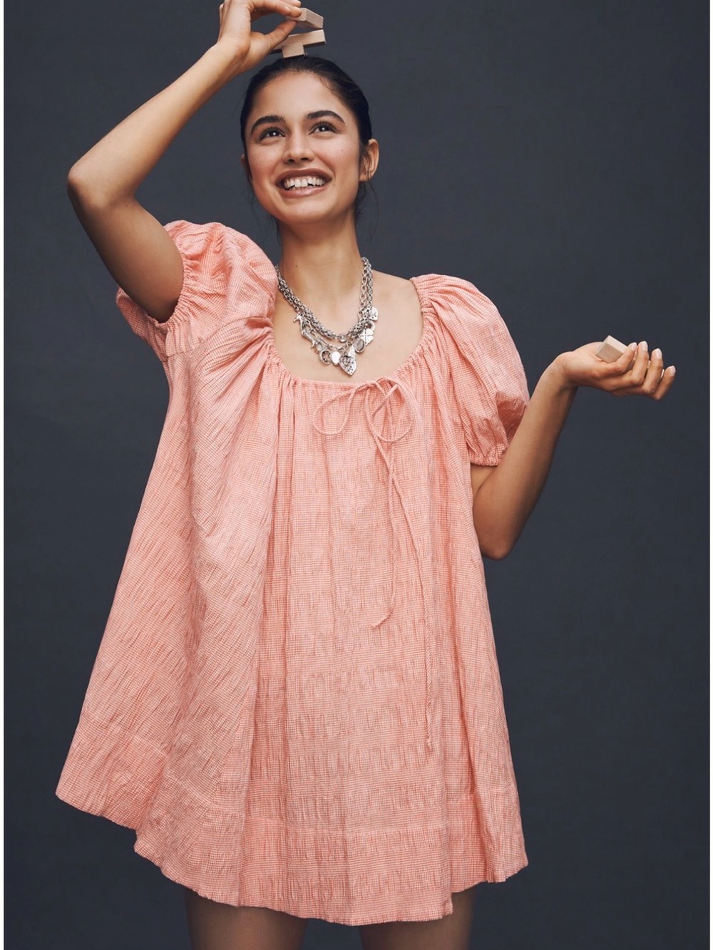 Peach Puff Puff-Sleeve Smocked Babydoll Top